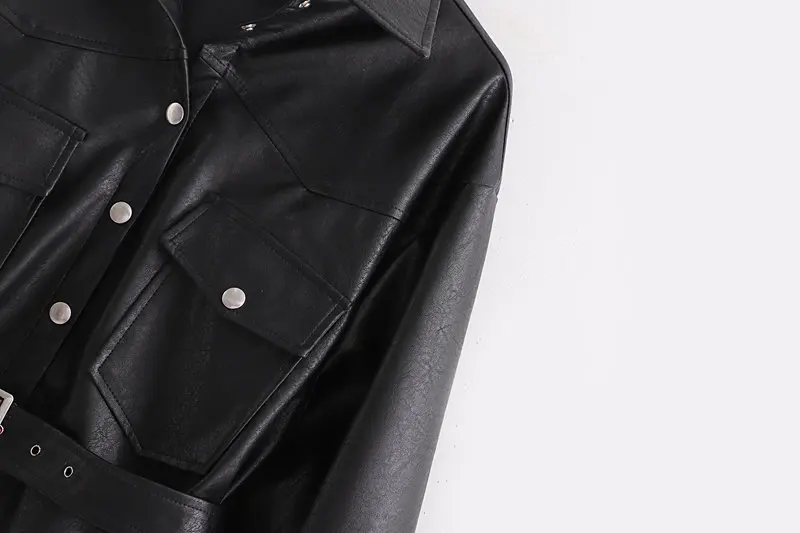 Женские куртки из искусственной кожи, модное черное пальто из искусственной кожи, элегантные женские пальто с поясом, карманами и пуговицами, уличные женские куртки