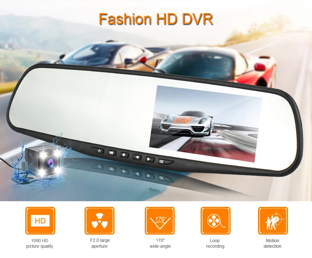 Автомобильный видеорегистратор 4 3 дюймовый экран Белое Зеркало заднего вида 24