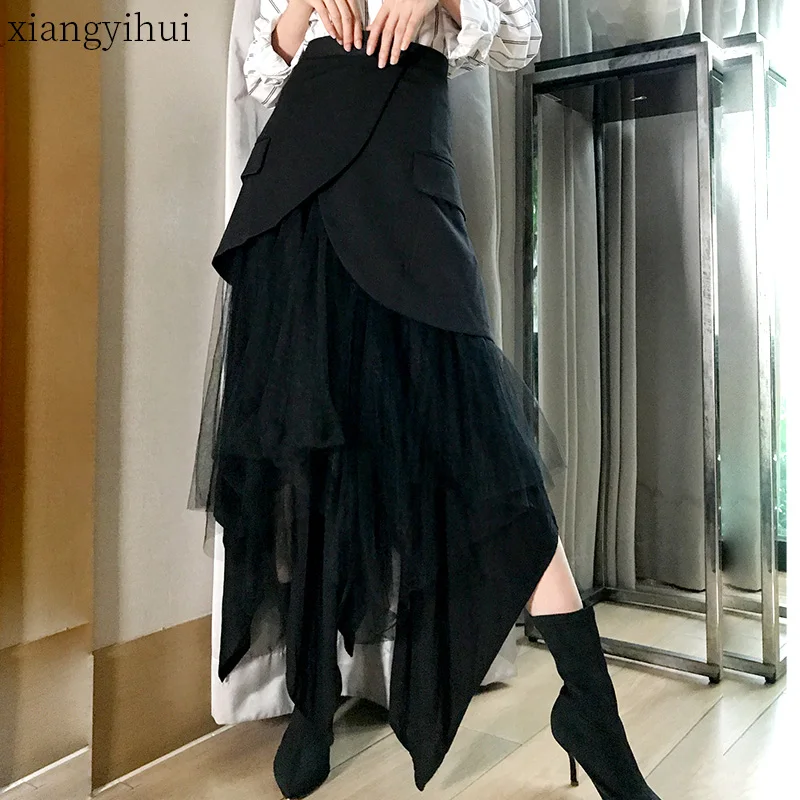 Sexy Black Mesh Patchwork Long Skirts for Ladies Elegant Style Women High-waisted Blazer Work Skirts Steam Punk Style