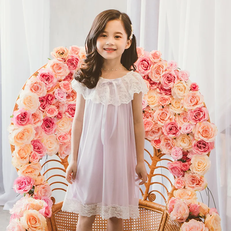 Girl'S Nightgown Summer Thin Section Short Sleeve CHILDREN'S Pajamas Modal Little Girl Baby Lace Pajamas Skirt Tracksuit