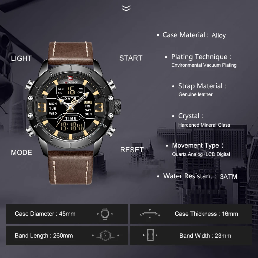 NAVIFORCE аналого-цифровые часы мужские люксовый бренд из нержавеющей стали спортивные мужские часы Кварцевые водонепроницаемые мужские модные часы