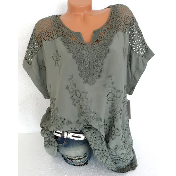 

2019 Summer New Women Short Sleeve Solid Color Shirt Fashion Openwork Lace Crochet Shirt Street Casual 5 Color Shirt Size S-5XL