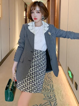 

Fashion commuter temperament double-layer hollow embroidered lapel houndstooth suit jacket women's 2020 early autumn new