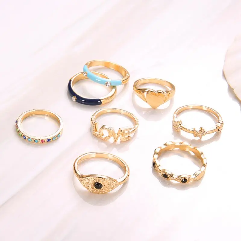

8Pcs Boho Evil Eye Love Heart Star Crystal Midi Finger Rings Set Fashion Jewelry Y4QB