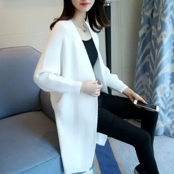 

Knit Coat Women Casual Solid Color Pocket Round Neck Vintage Bat Sleeve Loose Cardigan Warm Long Knit Coat Hot