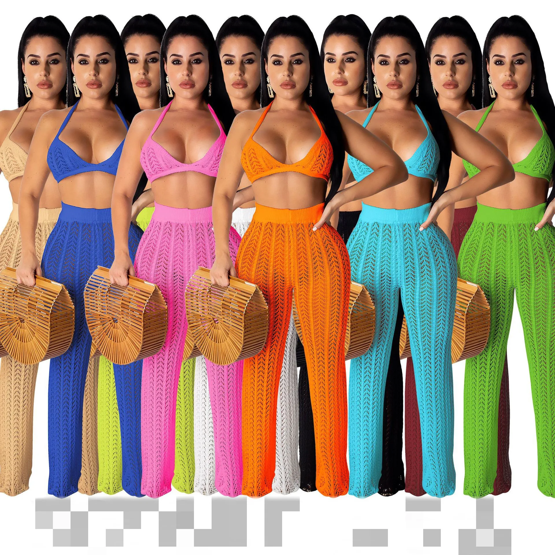 Summer Beach Wear Sexy 2 Piece Crochet Set Women Cover Up Hollow Out Two Piece Knitted Set Bra and Pants Party Outfits