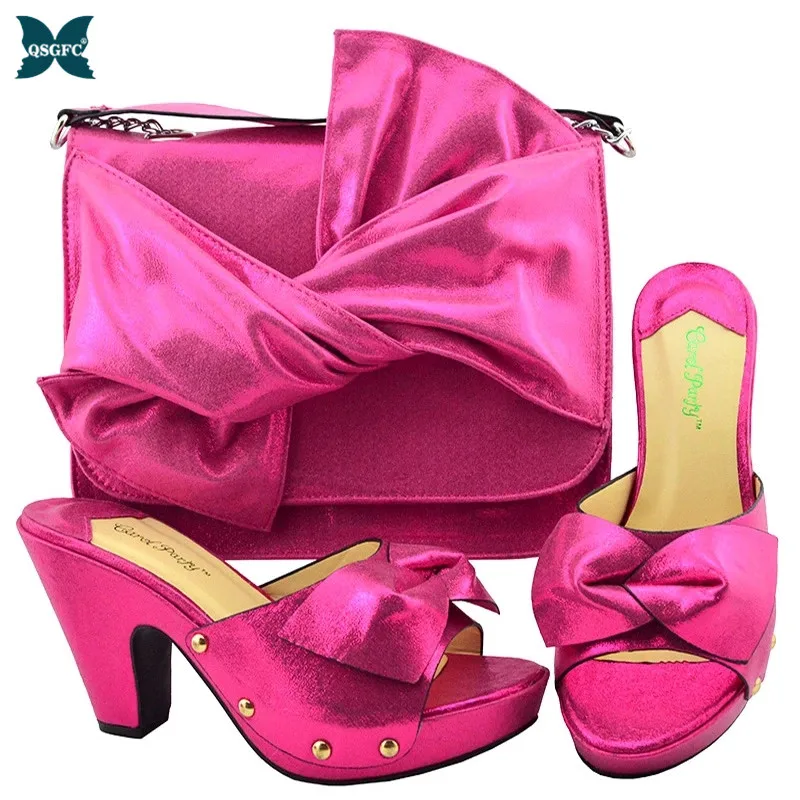 

New Arrival Fuchsia Color Bride Cristaly Shoe and Bag Set for Nigeria Party Italian design Shoes with Matching Bags High Quality