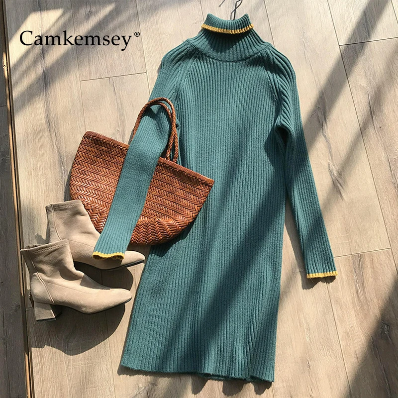 CamKemsey новинка осень зима толстый теплый вязаный свитер платье женское элегантное OL водолазка длинный свитер Платья повседневные офисные