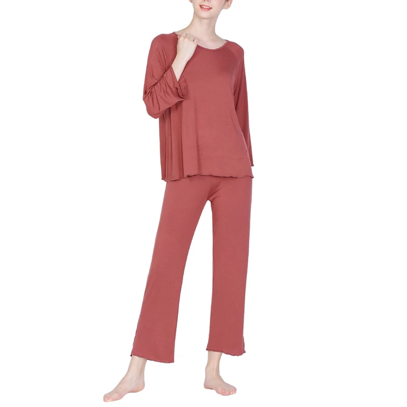 Mferlier/Осенняя женская пижама из бамбукового волокна, удобная ночная рубашка с круглым вырезом и длинными рукавами+ штаны, однотонный эластичный женский пижамный комплект