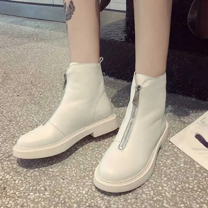 

Genuine Leather Martin Boots Women Winter Zip Bootee Woman 2019 Shoes Ladies Casual Spring Autumn Ankle Boots Female Black Beige