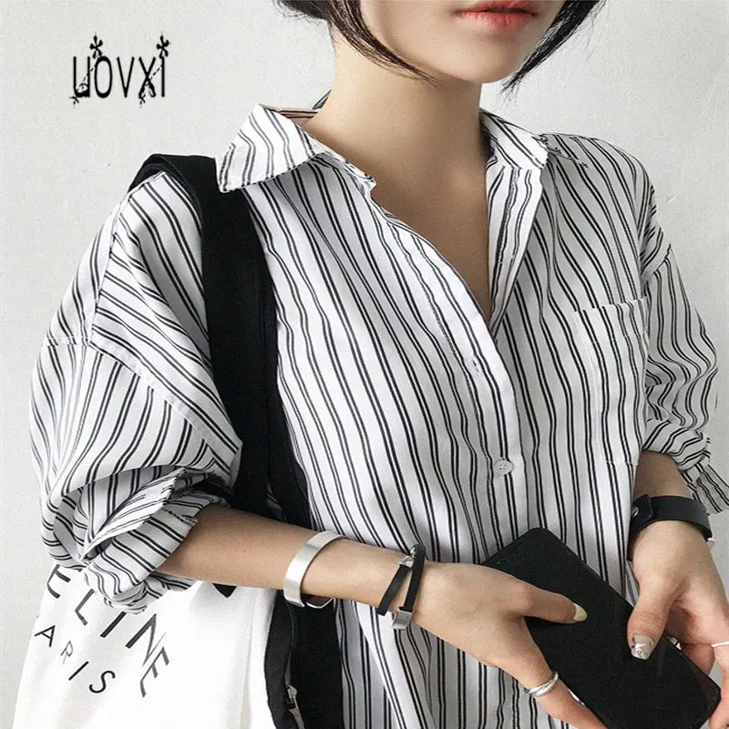 

Korean fashion retro lazy cold wind in the long striped shirt skirt loose large size casual striped long wild base