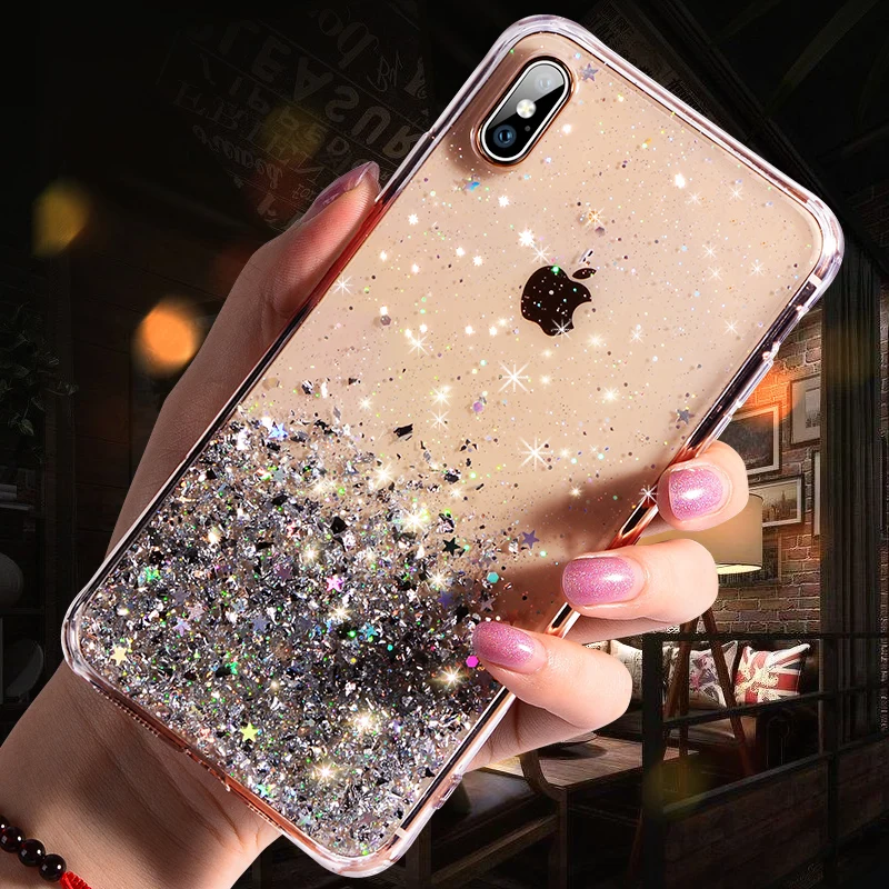 Блестящий блестящий чехол с блестками для iphone 11 8 7 6 S Plus эпоксидной звездой Pro MAX X XR