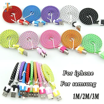 

100pcs/lot Micro USB Cable Flat Noodle Fabric Nylon Braided USB Charge Data Cable for Iphone XR MAX Samsung USB Charging Cord