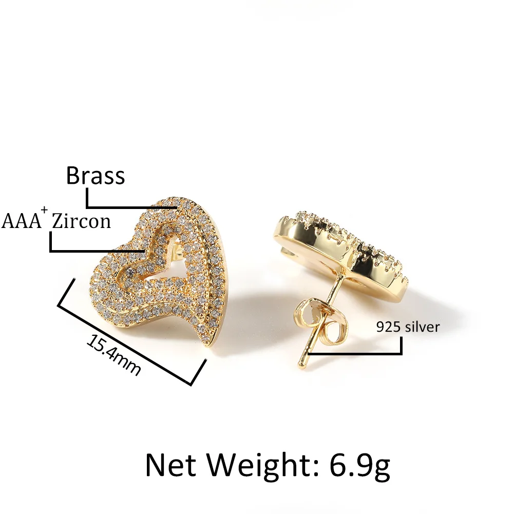 Stud earrings for women men Hollowed Out Heart Hip Hop Iced Out Gold Silver Color Ear Jewelry