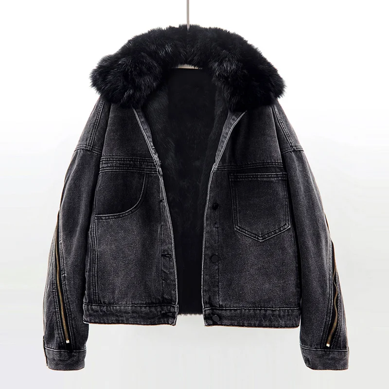 

Autumn Winter Thick Real Fox Fur Collar Rabbit Fur Liner Denim Jacket Women Cowboy Outerwear Loose Zipper Jeans Jackets Female