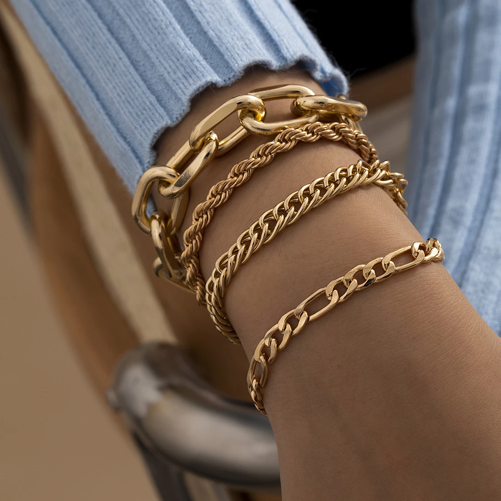 Punk Curb Cuban Chain Bracelets Set for Women Multilayer Miami Boho Thick Gold Color Charm Bracelets Bangles Fashion Jewelry