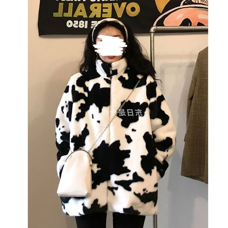 Women's Coats Winter Black White Cow Loose Female Imitate Mink-like Plush Coats Lady Trendy Jackets soft fleece college Outwear