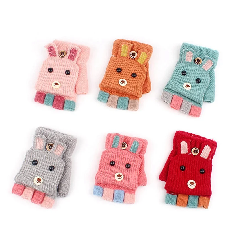 Winter Children Warm Gloves 3-8Y Cashmere Knit Flip Half Finger Gloves Cartoon Mittens For Boys Girls