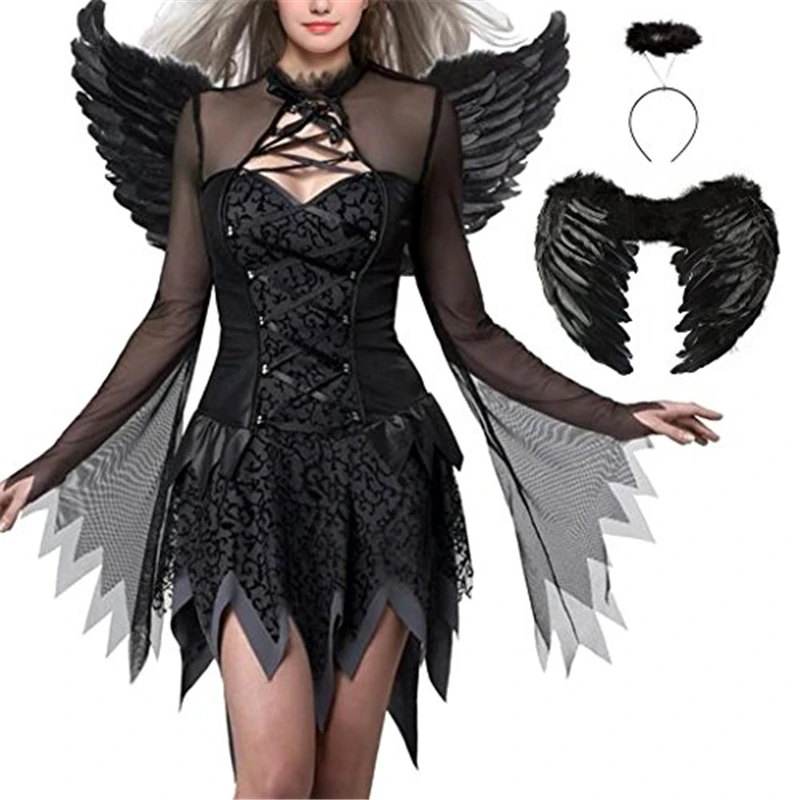Ataullah Halloween Cosplay Dress Dark Angel Wings Costume Carnival Party Ghost Vampire Woman Mesh Sexy Dress Hair Hoop DW001