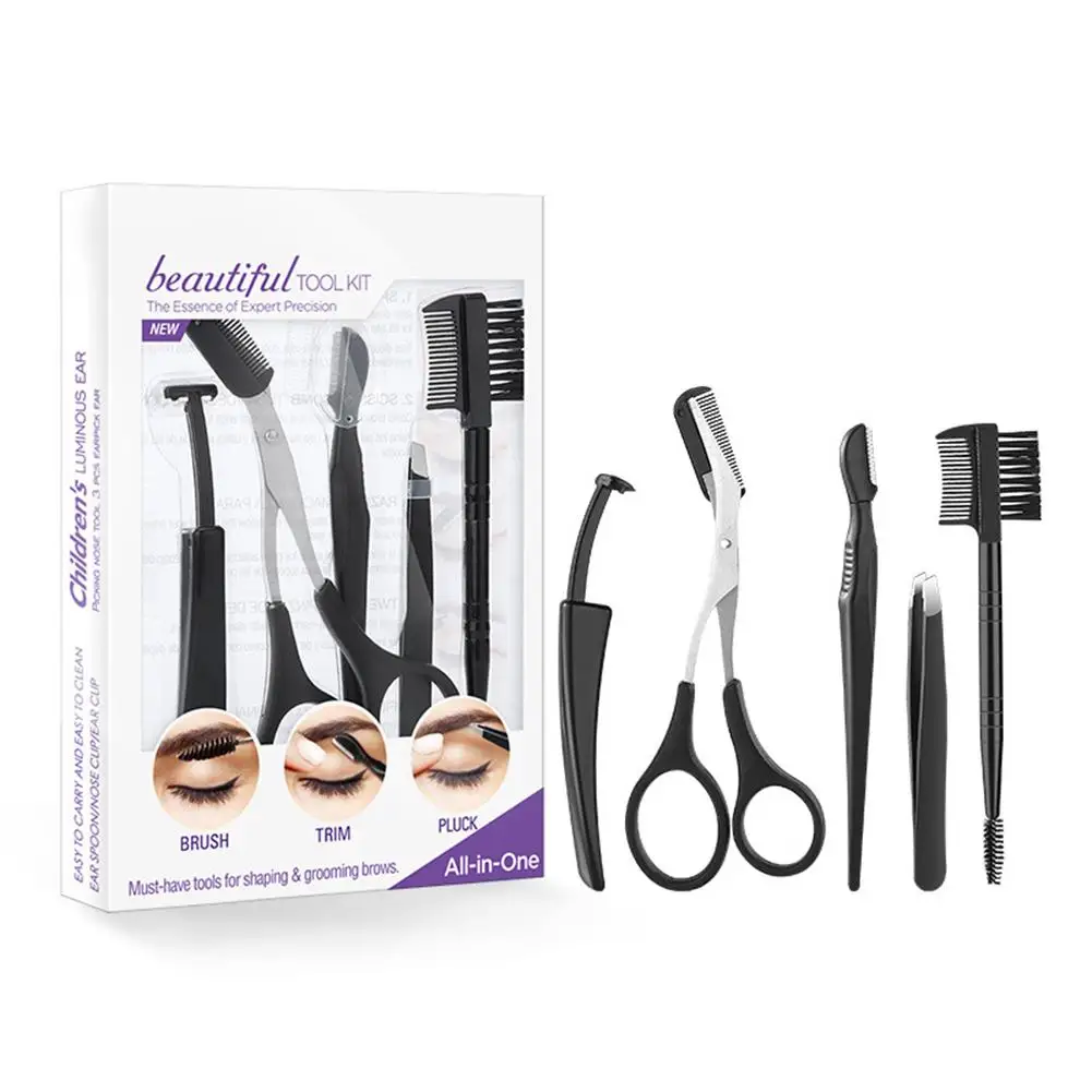 Eyebrow Grooming Kit Razor Brush Scissors Tweezers Set Makeup Tool for Women 2