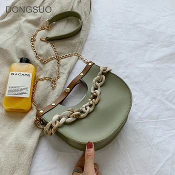 

Fashion saddle bag small simple shoulder bag chains messenger bag totes handbags white green 2020 summer new
