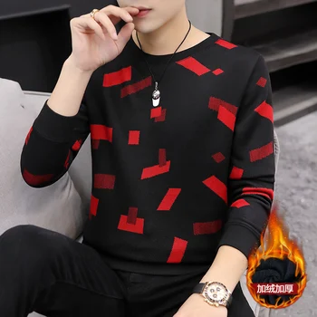 

2020 Men's Brushed and Thick Fashion Autumn and Winter Warm Sweater Youth New Style Printed Bottoming Sweater