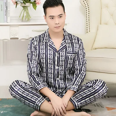 Pajamas men's spring and autumn thin ice silk pajamas men's long-sleeved summer men's pajamas short-sleeved home service suits red plaid pajama pants Men's Sleep & Lounge