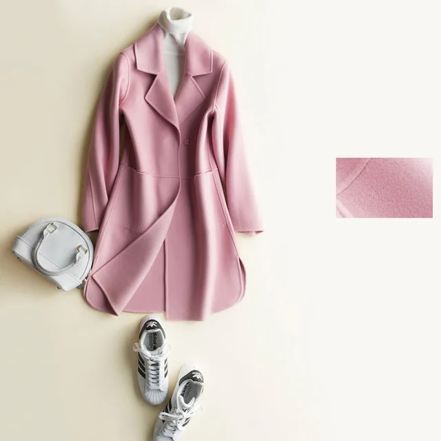 Pink Шерстяное женское осеннее пальто средней длины Двусторонняя кашемировая куртка женская верхняя одежда новые зимние шерстяные пальто Офисная Женская одежда - Цвет: Pink