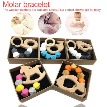 

Baby Wooden Home Teether Toys Hedgehog Elephant Bird Crochet Design Teething Beads Toys For Children Teething Bracelet Chain