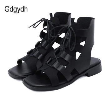 

Gdgydh Lace Up Gladiator Sandals Square Open Toe 2020 New Arrival Low Heel Summer Shoes Women Black Punk Backsling Vintage