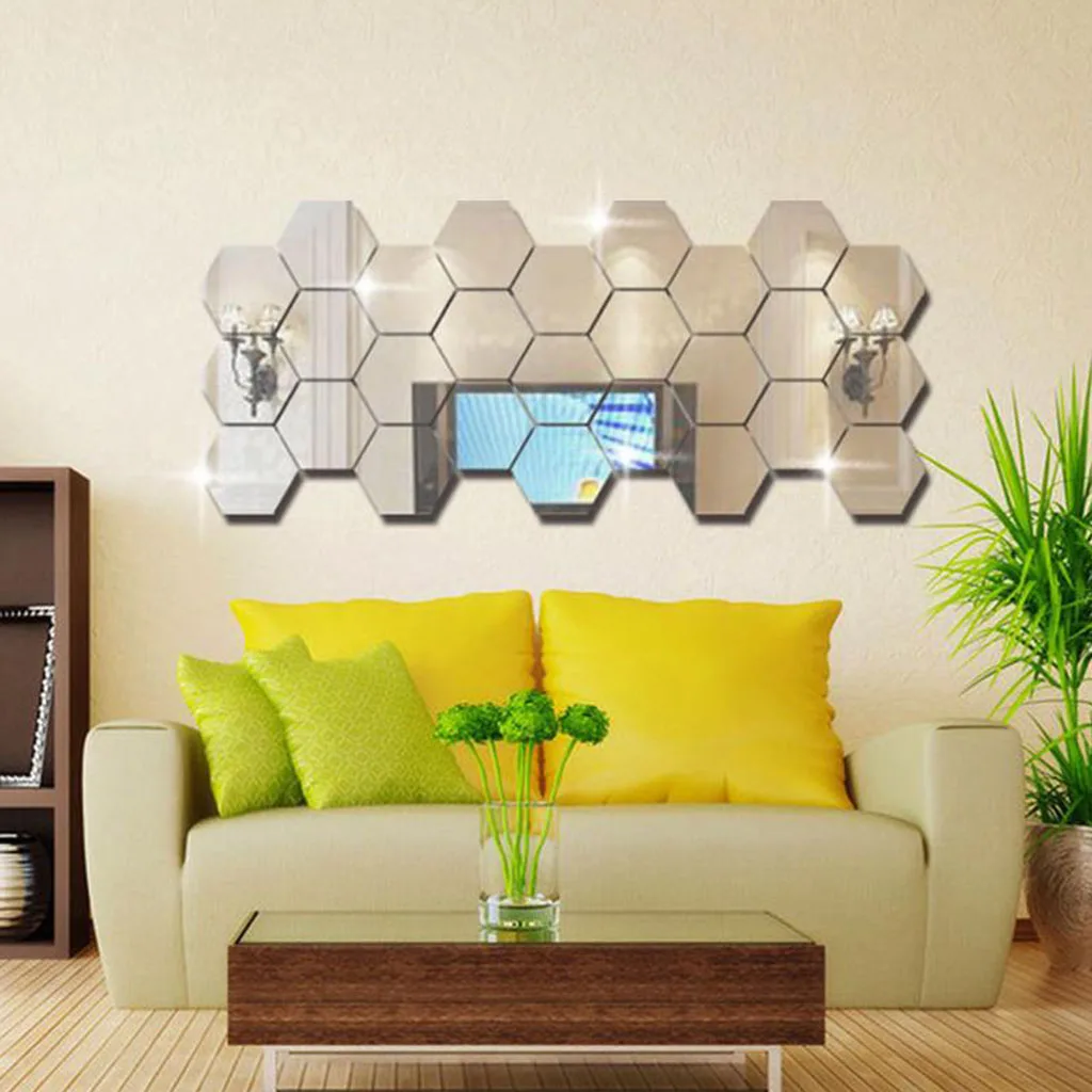 60Pcs 3D Hexagon Acrylic Mirror Wall Stickers DIY Wall Decor Gold 40x23cm