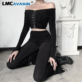 

LMCAVASUN High Waist Bodycon Flare Pants Women Gothic Streetwear Straip See-through Long Trousers Female Casual Fashion Pant