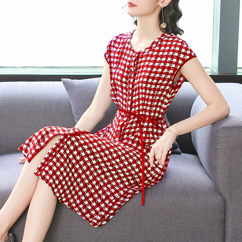 

Dress Women's Mid-length Big Brand Elegant Plaid Slimming 2019 Summer New Style Hangzhou Faux Mulberry Silk Dress