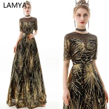 

LAMYA Long a Line Gold Sequined Evening Dresses with Half Sleeve O Neck Crysta Prom Party Gown Ladies Elegant Vestido De Festa