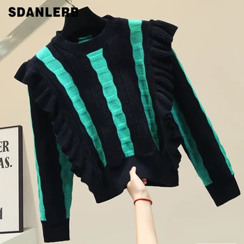 

Short Slim-Fit Frilled Color Panel Thick Warm Sweater Sweaters Women's 2020 Spring Knitted Sweater Ladies Black Green Jumper