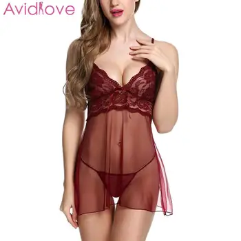 

Women See-through Chemise Babydoll Sexy Lingerie with G-String Lace Patchwork Temptation Nightdress Female Erotic Nightwear