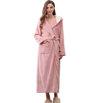 

Long Sleeve Dressing Gown V Neck Hooded Warm Elegant Ladies Solid Autumn Winter Women Robe Daily Waist Tie Home With Pocket