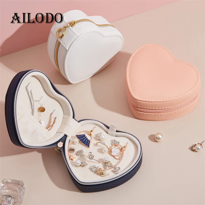 

Ailodo Romantic Cute Heart Shape Jewelry Box For Women Girls Portable Necklaces Earrings Rings Bracelets Mini Jewelry Box BX17