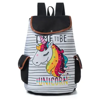 

New Style Cute Unicorn Design Female Backpack Drawstring Backpack Canvas School Bag Fashion Stripes Backpack