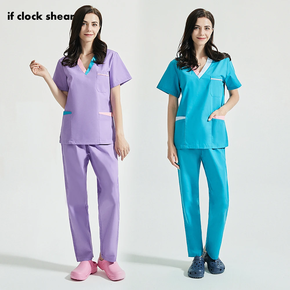 

Color Blocking Design Spa Uniform V-neck Short Sleeves Shirt Tops Health Workwear Costume Lab Work Uniform Women's Scrubs Pants