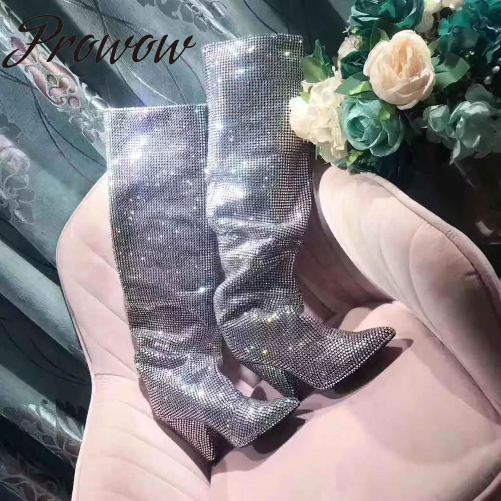 

Prowow New Genuine Leather Crystal Beading Knee HIgh Boots Sexy Pointed Toe Spikle HIgh Heel Fashion Boots Shoes Women