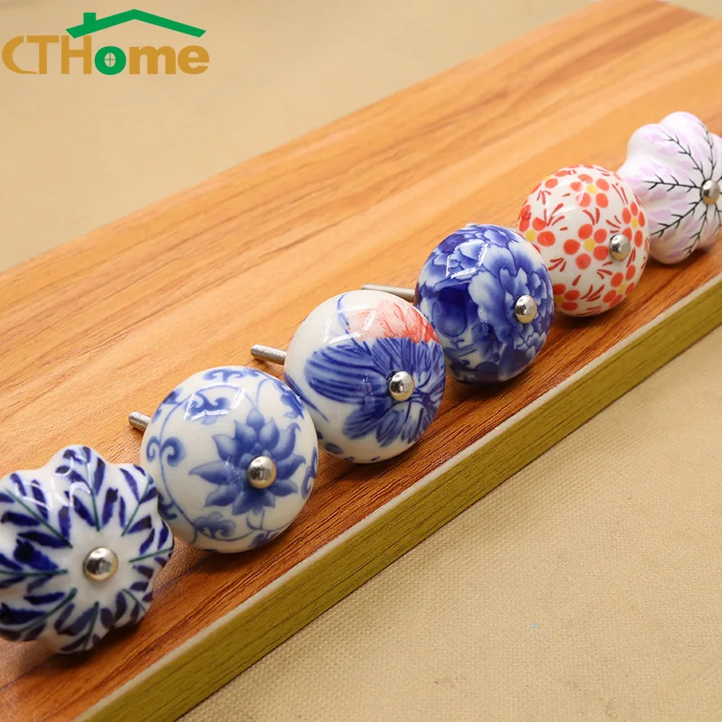 Керамическая ручка для ящика двери шкафа ручки ручная роспись синий и белый