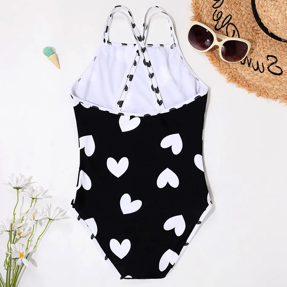 One Piece Swimsuit Heart Print Girls Kids 5-12 Years Girl Bathing Suit Swim Monokini Cross Back Children's Swimwear Beachwear children swimsuit children swimsuits