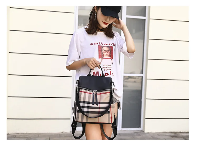 Korean New Style Waterproof Oxford Cloth Backpack WOMEN'S Bag Travel Versatile Canvas Plaid Backpack Dual Purpose School Ba