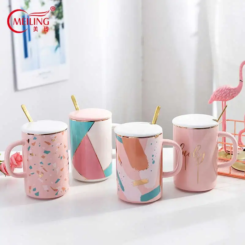

Pink Ceramic Porcelain Mug With Lid & Spoon Personalized Coffee Milk Tea Travel Mug Drinkware Table Decor Unique Gift For Her