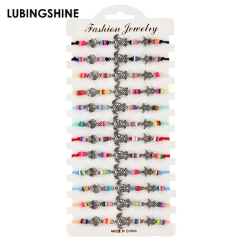 

12pc/set Bohemia Soft Clay Beaded Bracelet Metal Tortoise Starfish Shell Charms Bracelets for Women Handmade Woven Rope Bracelet