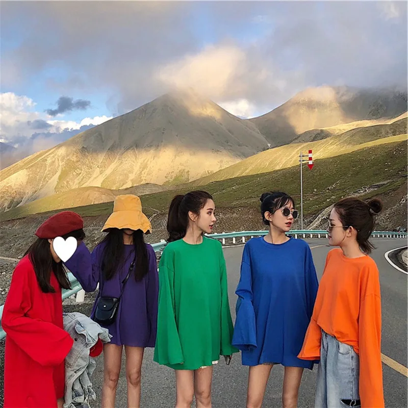 

2019 Sale Kpop Korean Spring Women's College Style Loose Ride Lazy Wind Pure Color Long-sleeved Bottom Shirt T-shirt In The Top