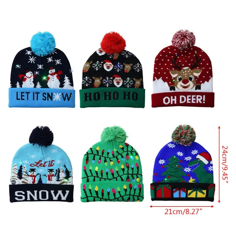 Christmas LED Knitted Beanie Hat Unisex Men and Women Winter Snow Holiday Beanie Cap Christmas Hat Xmas Gift 10 Styles