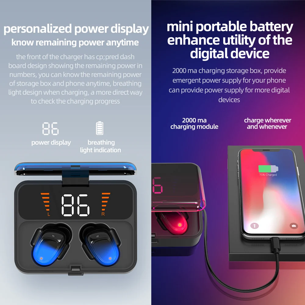 CBAOOO ES01 TWS Bluetooth Earphones 5.0 9D Stereo Wireless earbuds ir ear Gaming headset IPX7 Waterproof LED Smart Power