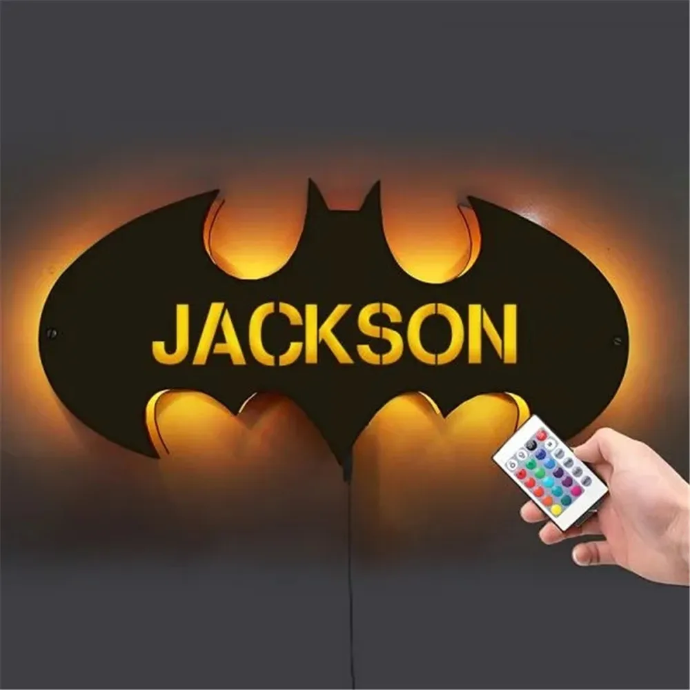 Personalized Wooden Bat USB LED Lamp with Name Decor LED Night Light for Children Custom Wooden Engraved Name Bat Wall Lights plug in wall sconce